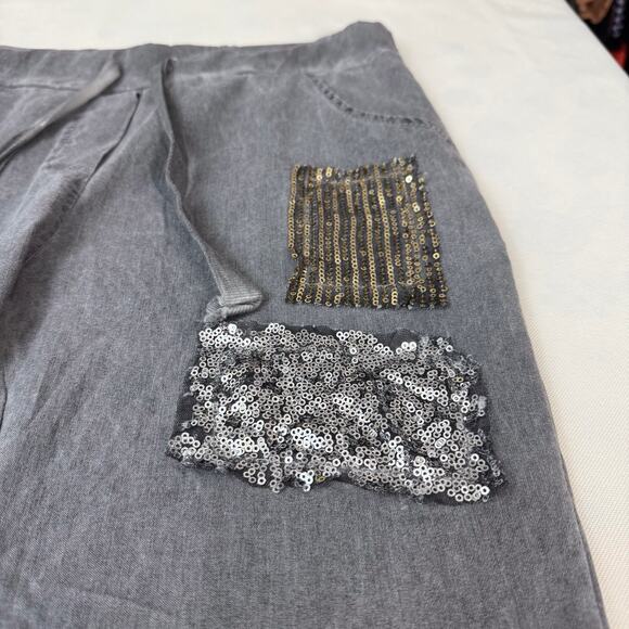 Made In Italy Charcoal Pull On Gray Pants Sequin Patches Wide Drawstring Waist - Picture 5 of 16